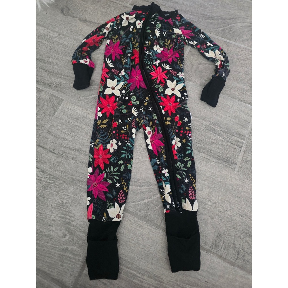 Little Sleepies 6-12M Poinsettia Floral Bamboo Viscose Zippy Pajamas Black Red